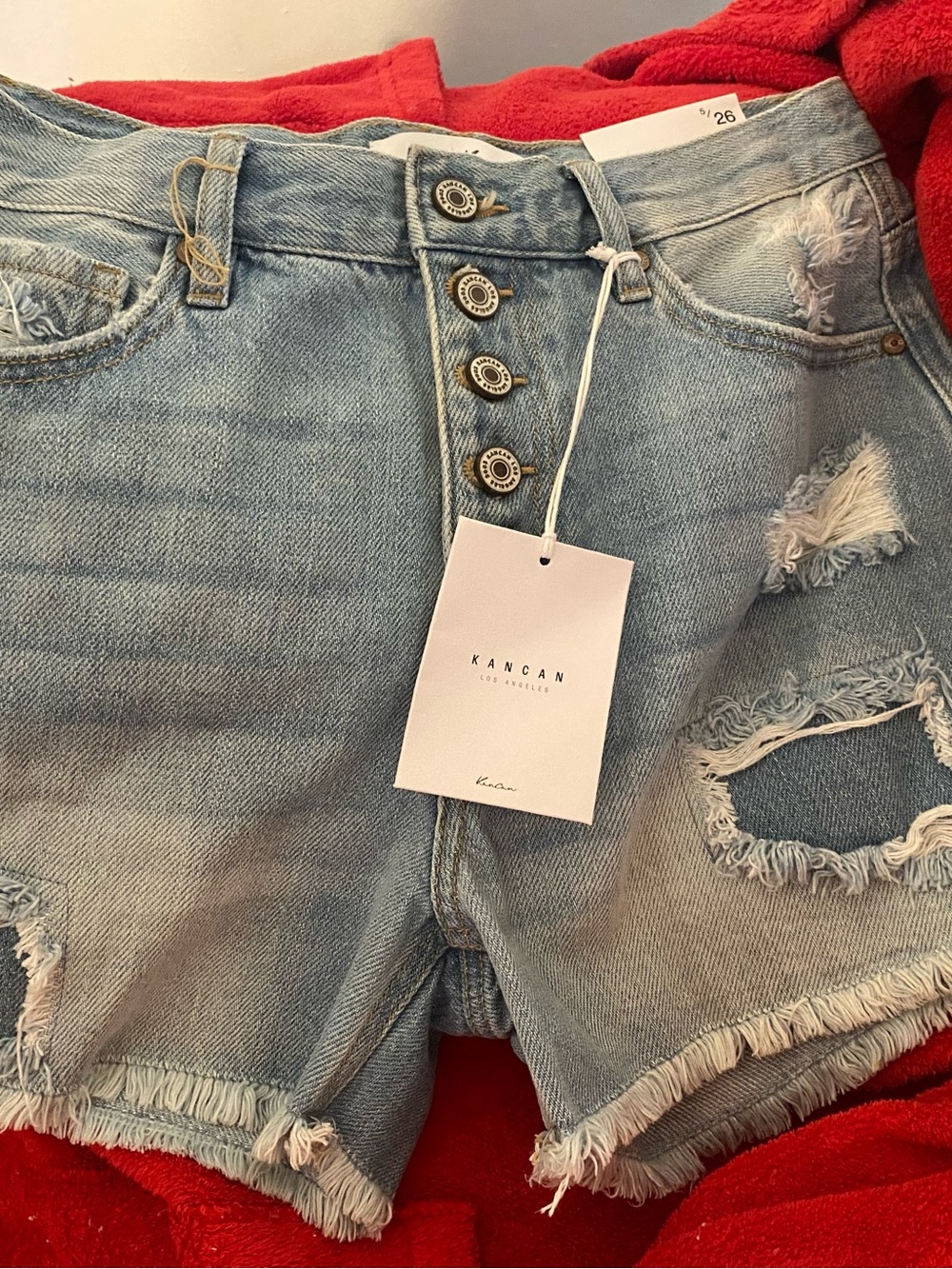 KanCan Light Wash Distressed Button-Fly Denim Shorts. Size 5 5/26
